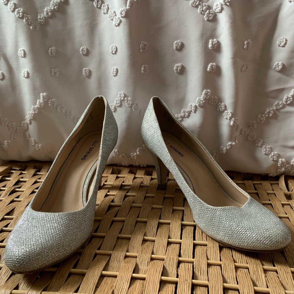 Call it Spring silver glitter prom heels